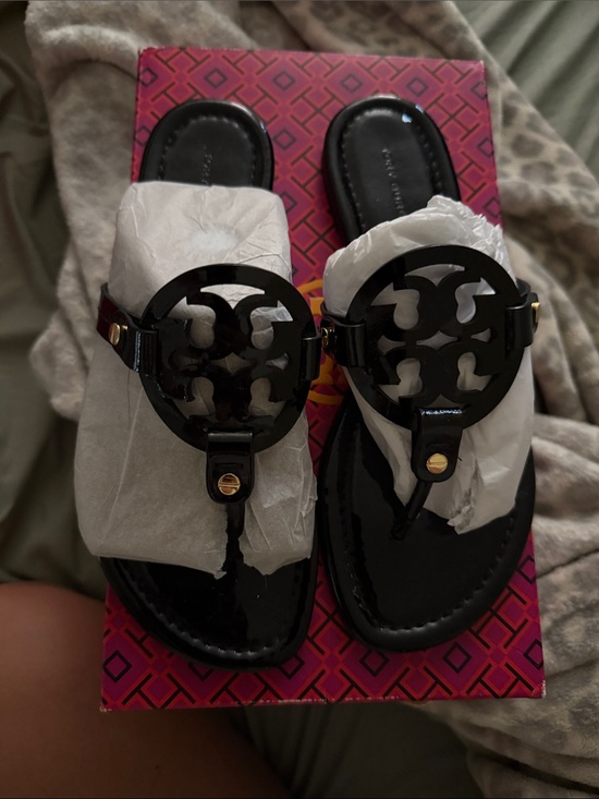 Tory Burch Shoes - Tory Burch Black Patent Logo Thong Sandals